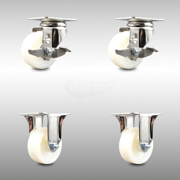 3 Inch 316SS Nylon Wheel Swivel Top Plate Caster Brake 2 Rigid SCC, 2PK